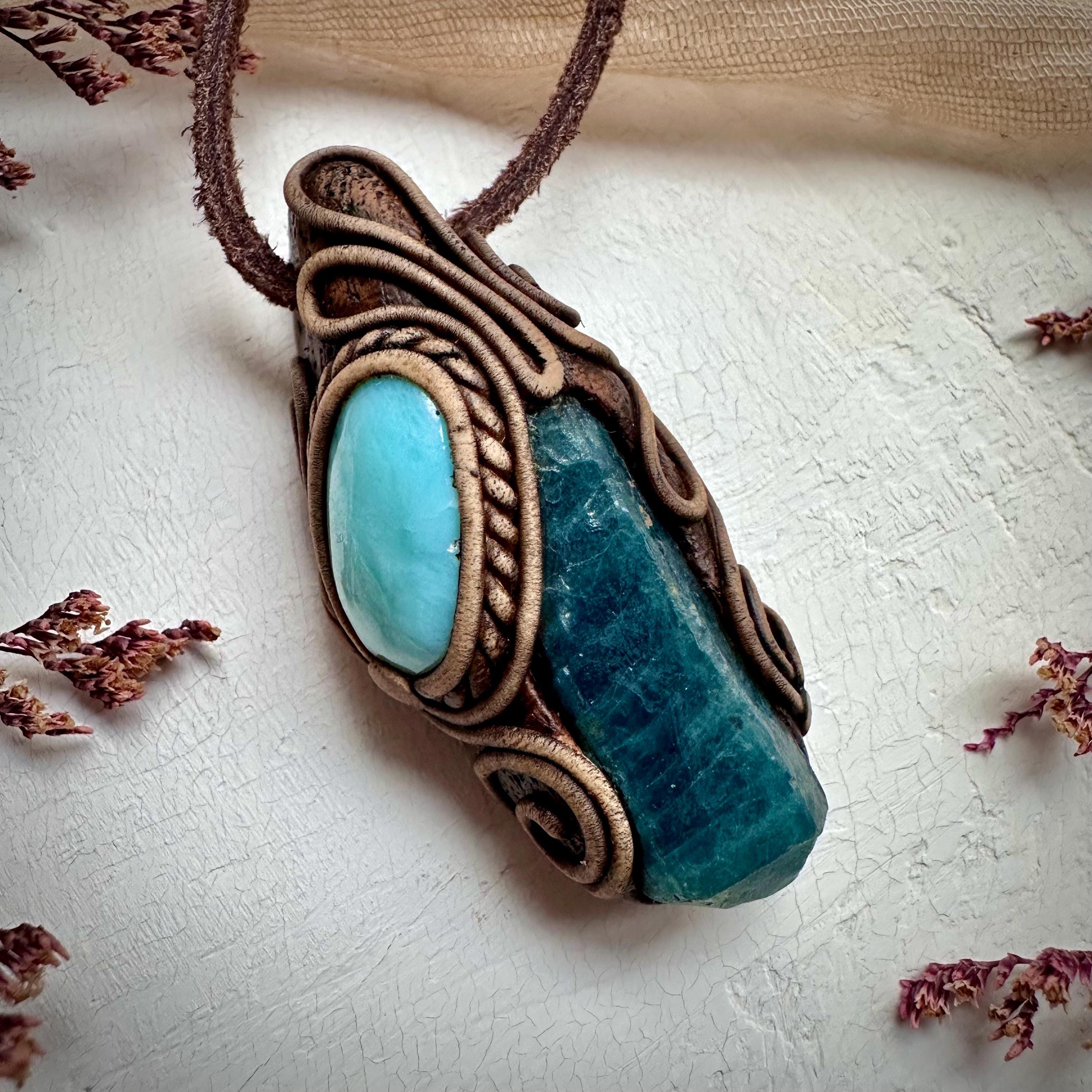 Raw Blue Apatite and Larimar Necklace - FairyGardenGlow