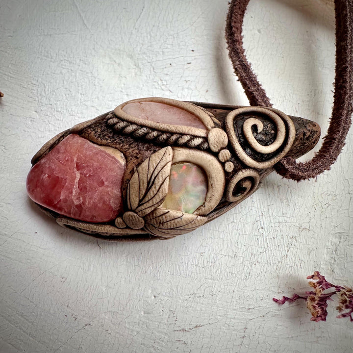Rhodochrosite Morganite and Raw Opal Necklace - FairyGardenGlow