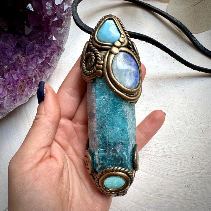 Aqua Aura Quartz Moonstone Larimar and Australian Opal Doublet Wand / Necklace - FairyGardenGlow