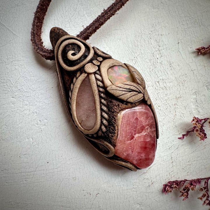 Rhodochrosite Morganite and Raw Opal Necklace - FairyGardenGlow