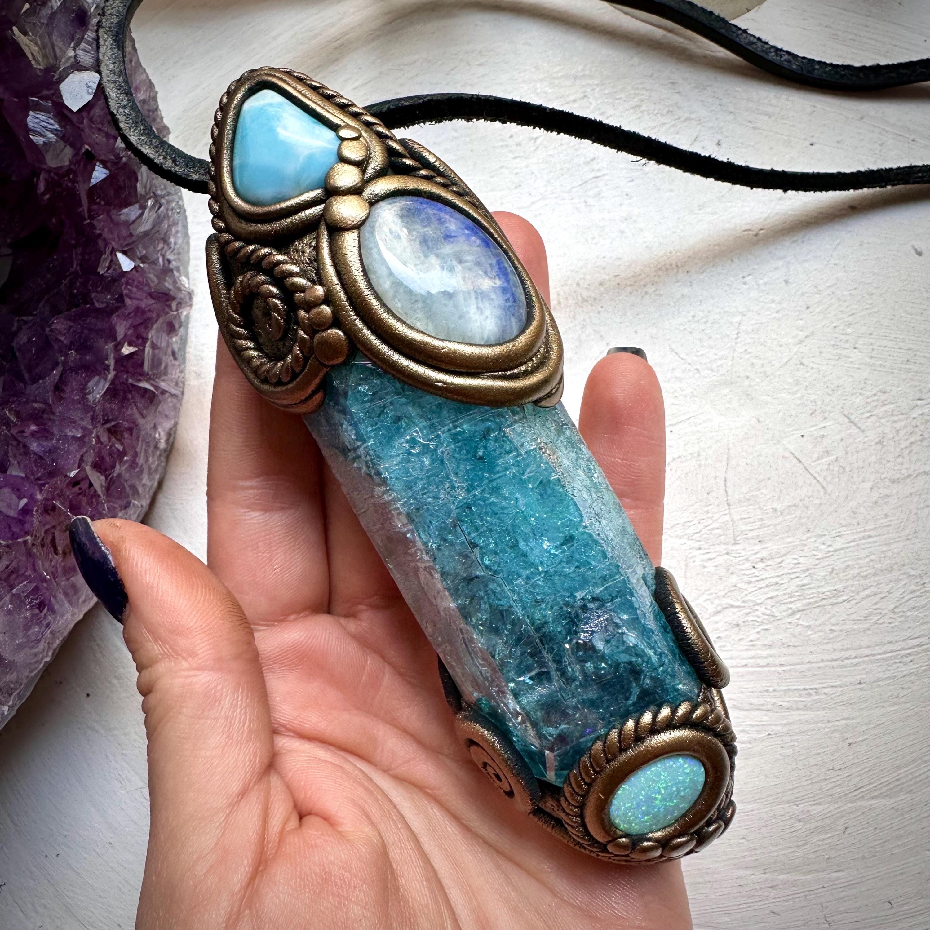 Aqua Aura Quartz Moonstone Larimar and Australian Opal Doublet Wand / Necklace - FairyGardenGlow