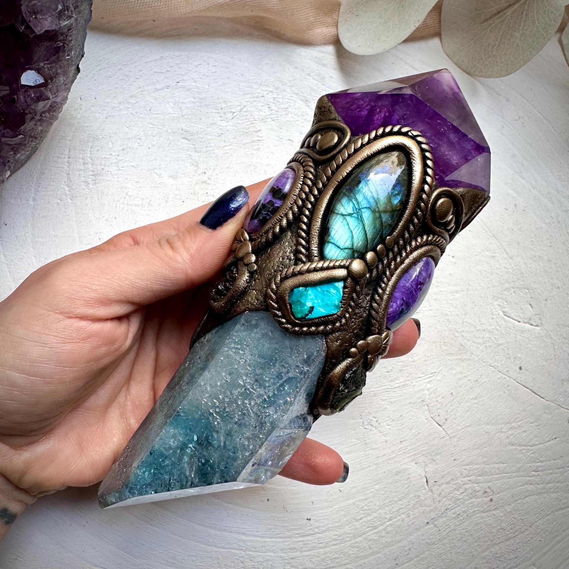 Large Aqua Aura Quartz with Polished Amethyst, Labradorite, Charoite, Chrysocolla and Moldavite Wand - FairyGardenGlow