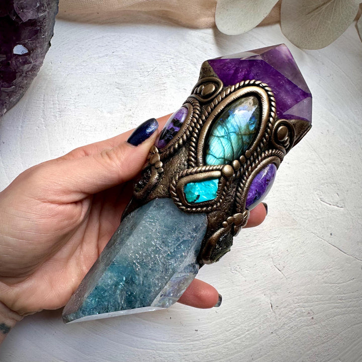 Large Aqua Aura Quartz with Polished Amethyst, Labradorite, Charoite, Chrysocolla and Moldavite Wand - FairyGardenGlow