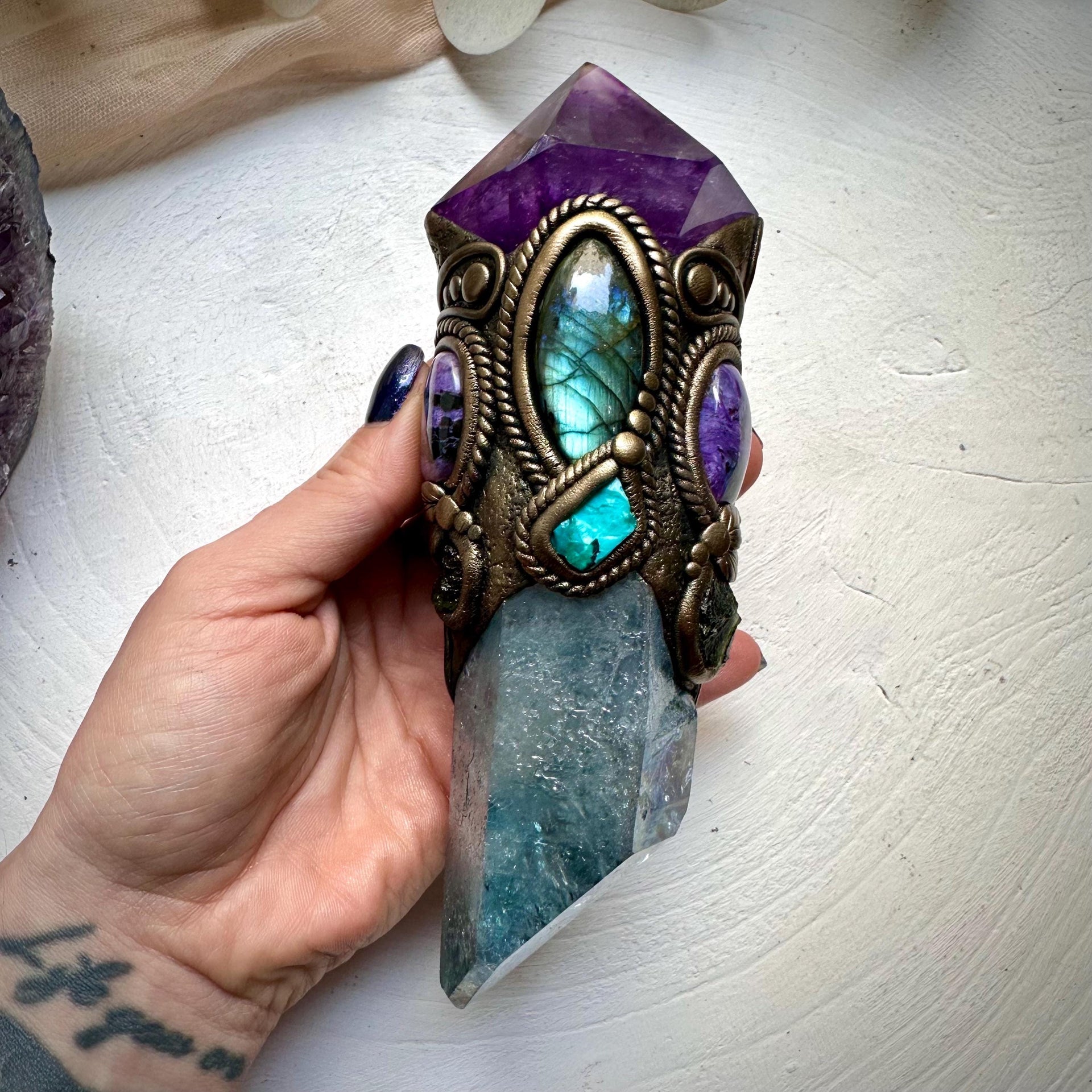 Large Aqua Aura Quartz with Polished Amethyst, Labradorite, Charoite, Chrysocolla and Moldavite Wand - FairyGardenGlow