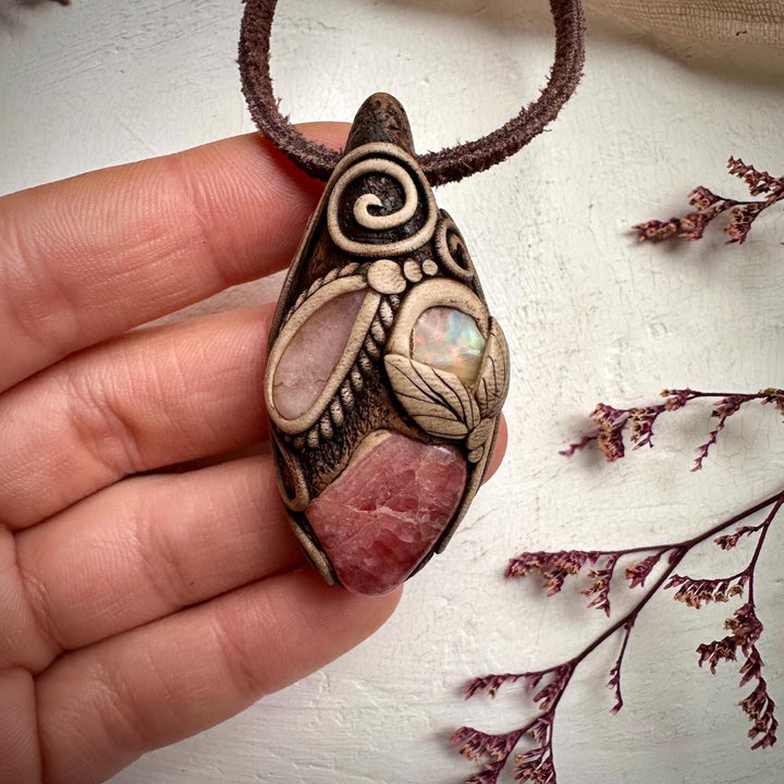 Rhodochrosite Morganite and Raw Opal Necklace - FairyGardenGlow