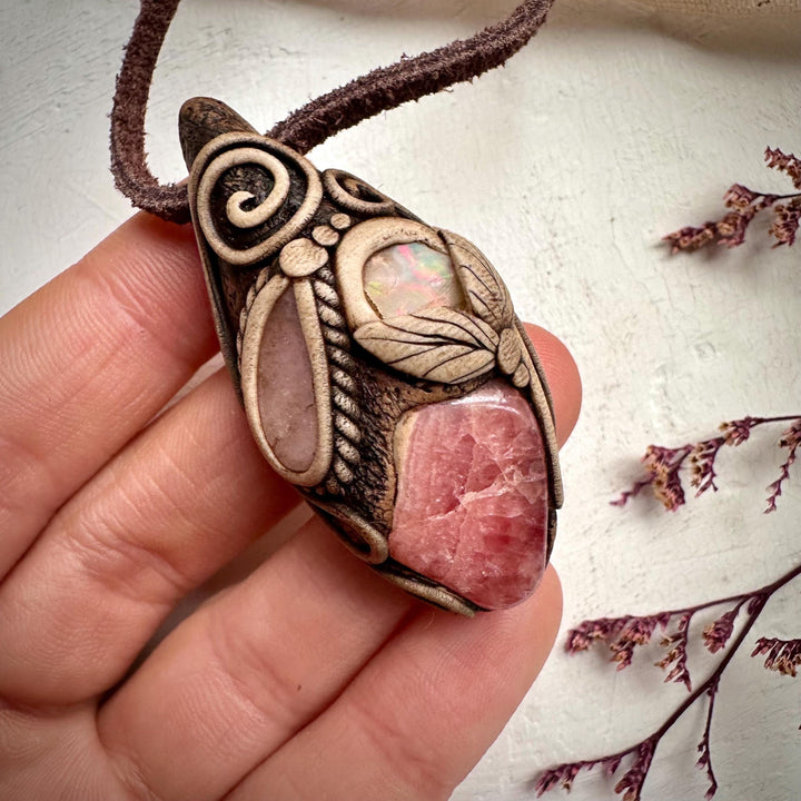 Rhodochrosite Morganite and Raw Opal Necklace - FairyGardenGlow
