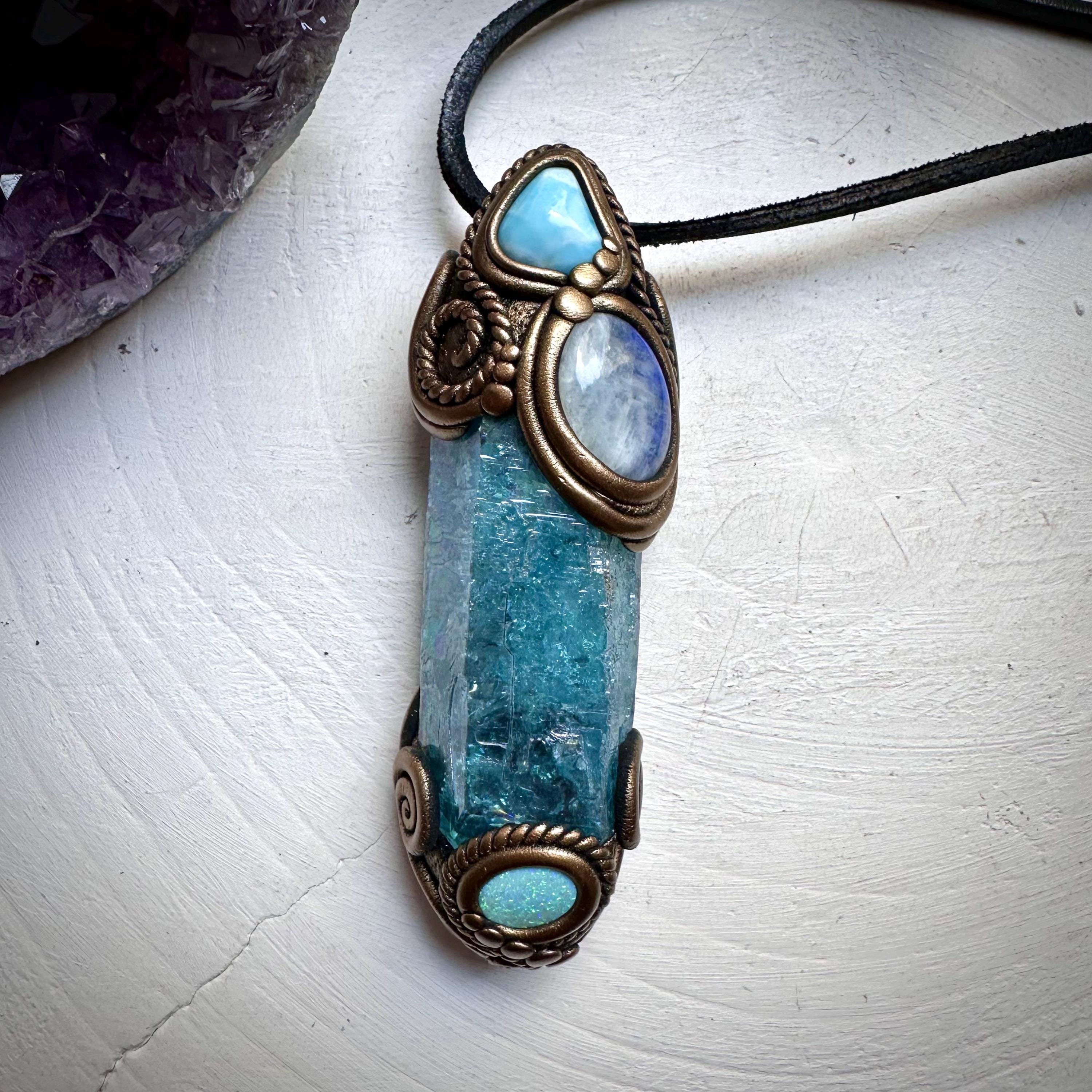 Aqua Aura Quartz Moonstone Larimar and Australian Opal Doublet Wand / Necklace - FairyGardenGlow