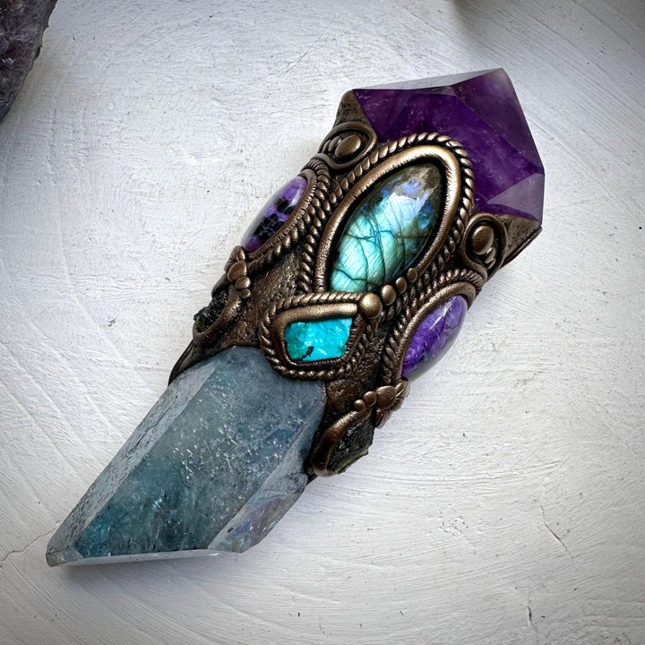 Large Aqua Aura Quartz with Polished Amethyst, Labradorite, Charoite, Chrysocolla and Moldavite Wand - FairyGardenGlow