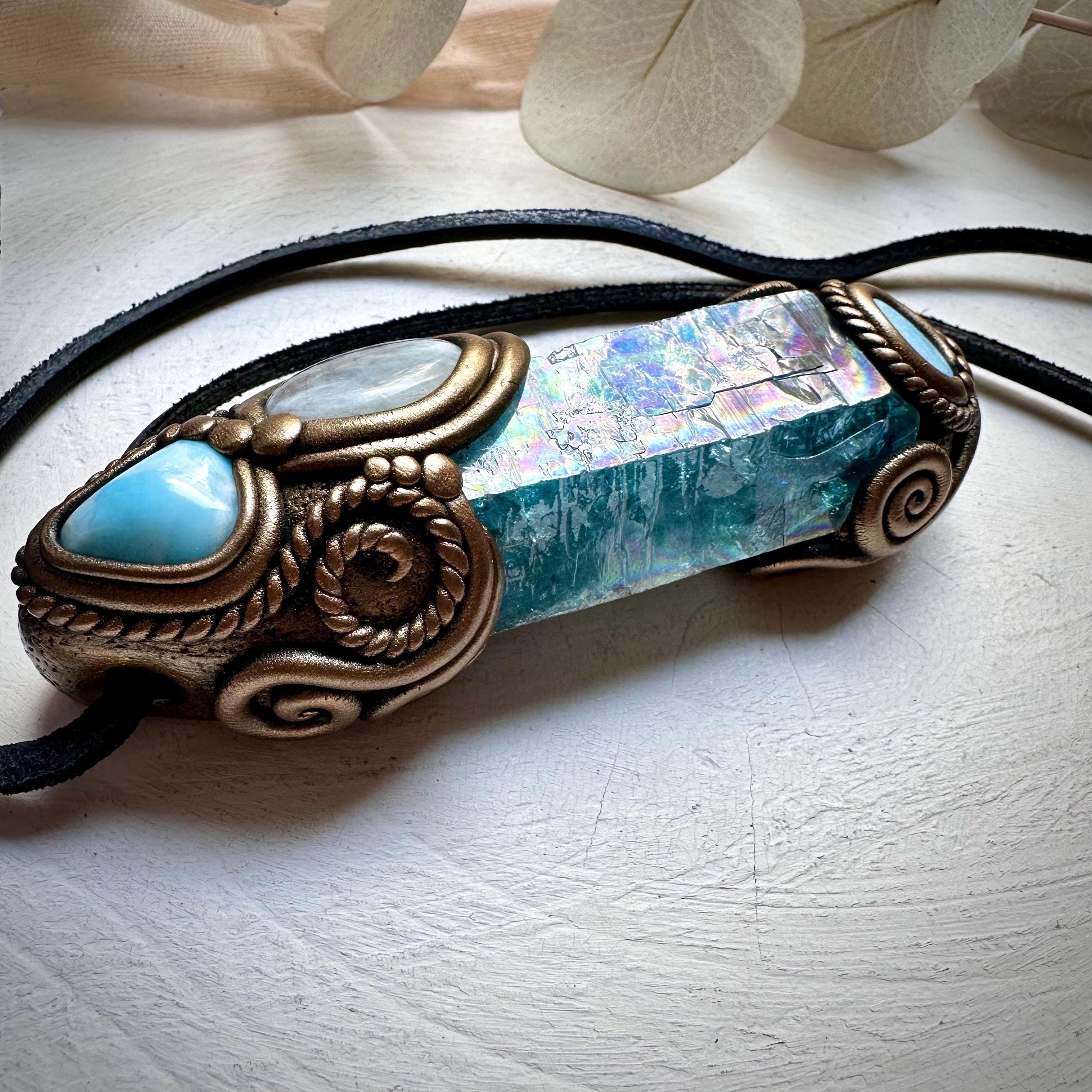 Aqua Aura Quartz Moonstone Larimar and Australian Opal Doublet Wand / Necklace - FairyGardenGlow