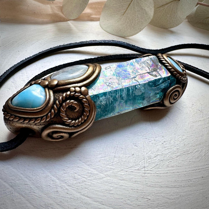 Aqua Aura Quartz Moonstone Larimar and Australian Opal Doublet Wand / Necklace - FairyGardenGlow
