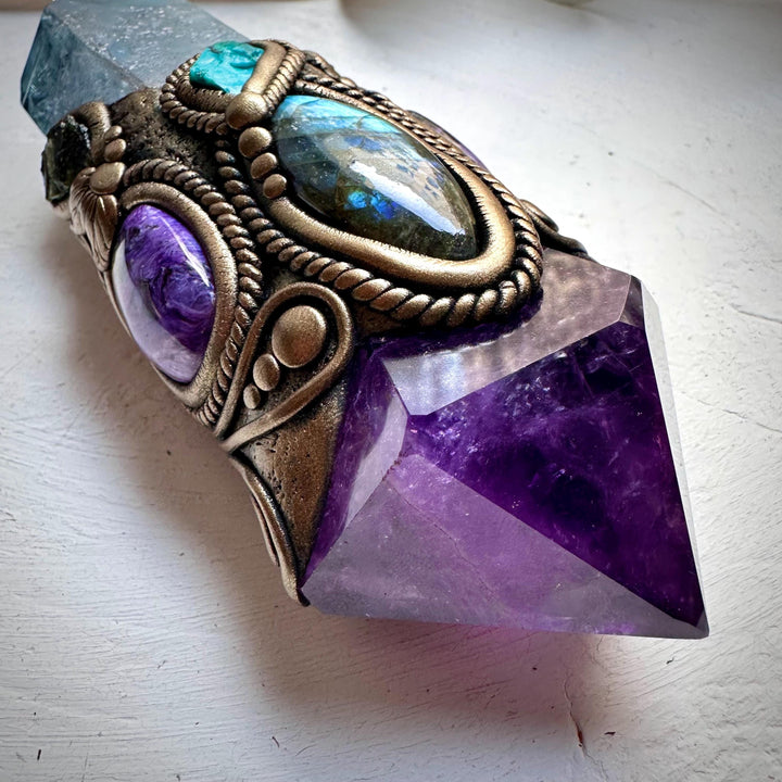 Large Aqua Aura Quartz with Polished Amethyst, Labradorite, Charoite, Chrysocolla and Moldavite Wand - FairyGardenGlow