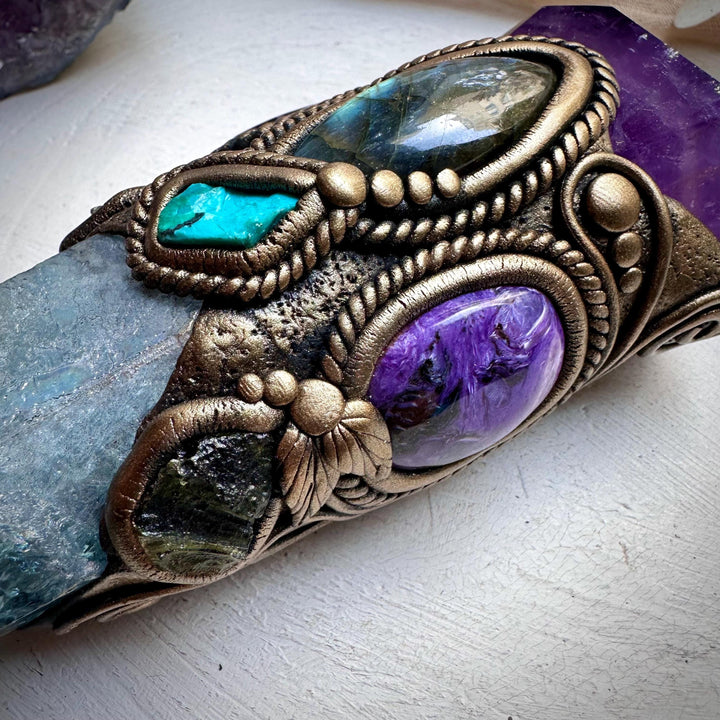 Large Aqua Aura Quartz with Polished Amethyst, Labradorite, Charoite, Chrysocolla and Moldavite Wand - FairyGardenGlow