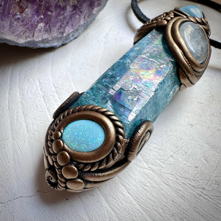 Aqua Aura Quartz Moonstone Larimar and Australian Opal Doublet Wand / Necklace - FairyGardenGlow