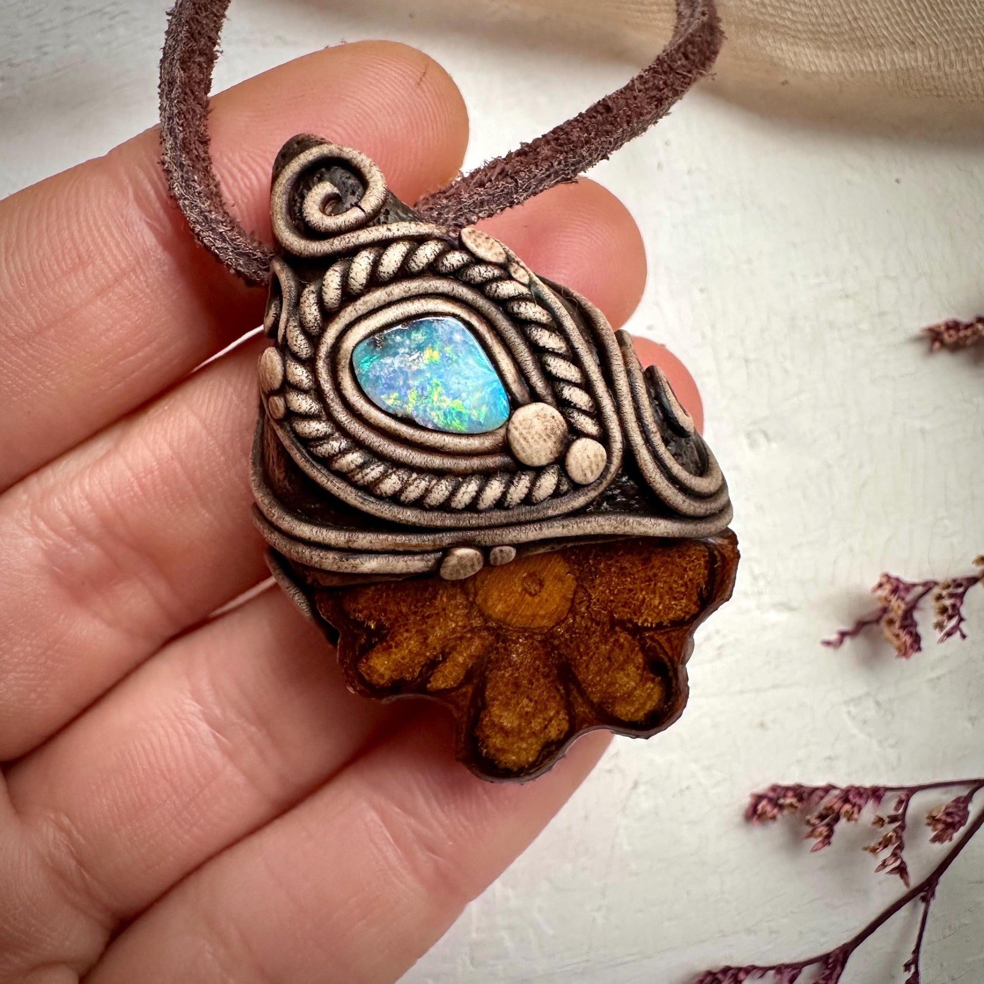 Ayahuasca Vine and Boulder Opal Necklace - FairyGardenGlow
