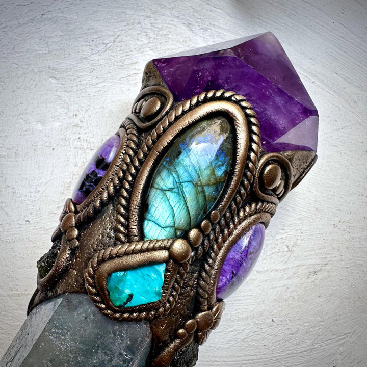 Large Aqua Aura Quartz with Polished Amethyst, Labradorite, Charoite, Chrysocolla and Moldavite Wand - FairyGardenGlow