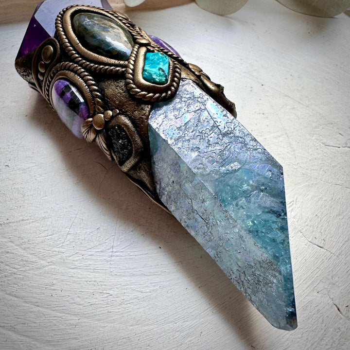 Large Aqua Aura Quartz with Polished Amethyst, Labradorite, Charoite, Chrysocolla and Moldavite Wand - FairyGardenGlow