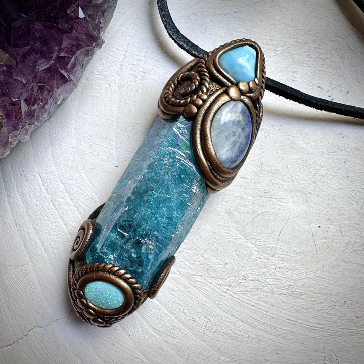 Aqua Aura Quartz Moonstone Larimar and Australian Opal Doublet Wand / Necklace - FairyGardenGlow