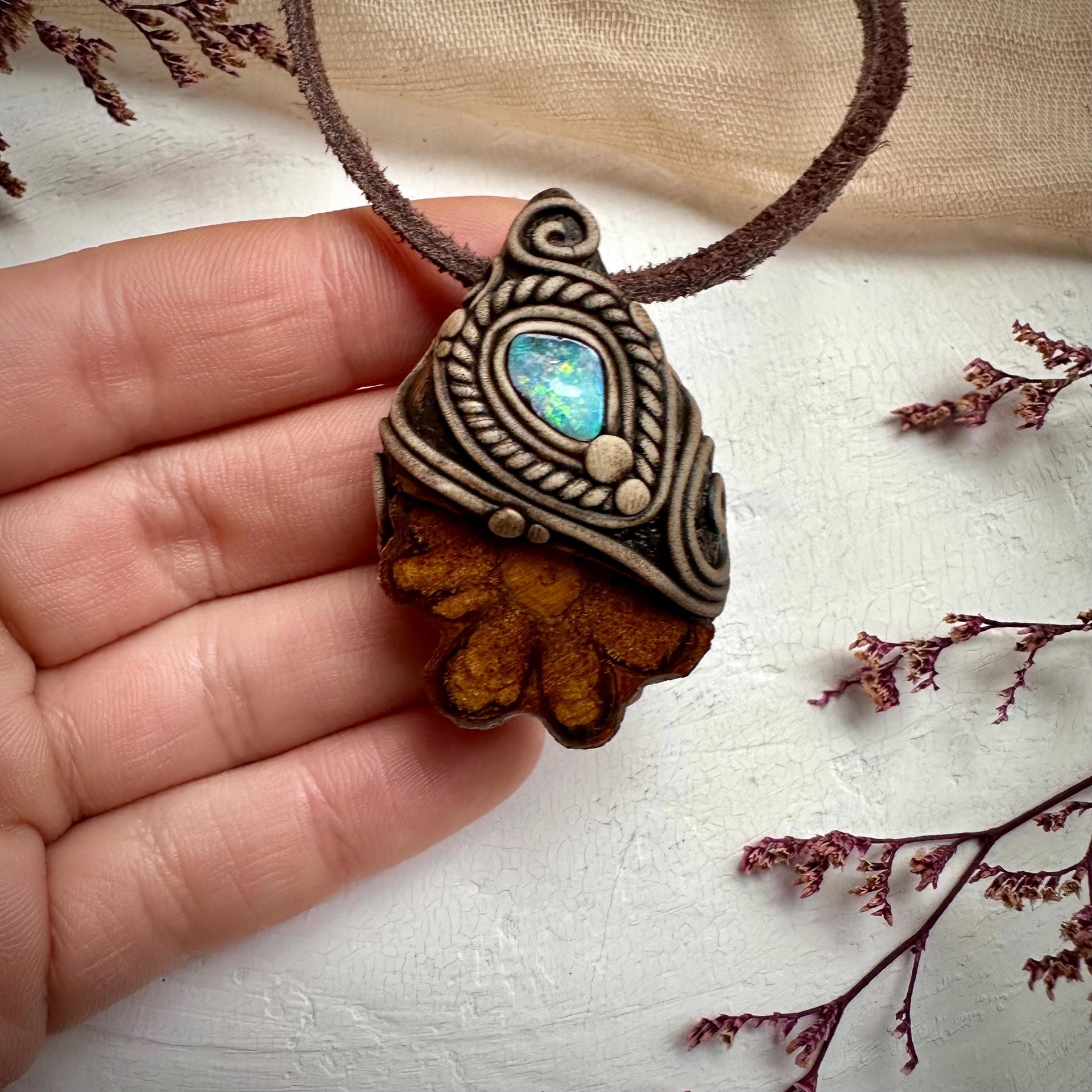 Ayahuasca Vine and Boulder Opal Necklace - FairyGardenGlow