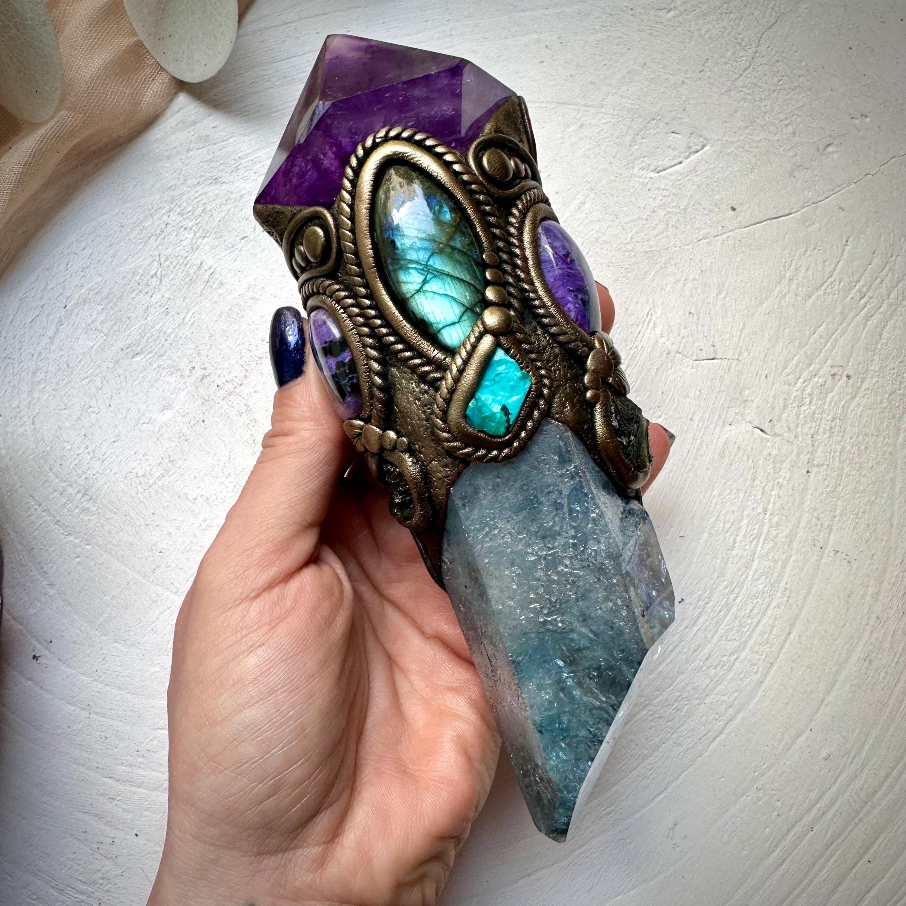 Large Aqua Aura Quartz with Polished Amethyst, Labradorite, Charoite, Chrysocolla and Moldavite Wand - FairyGardenGlow