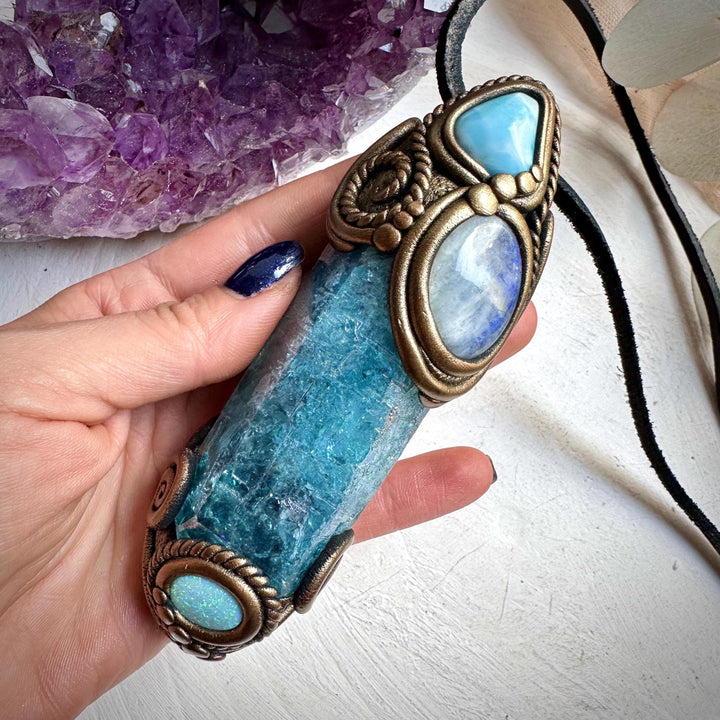 Aqua Aura Quartz Moonstone Larimar and Australian Opal Doublet Wand / Necklace - FairyGardenGlow