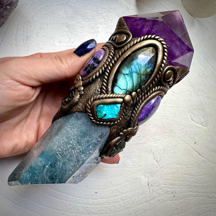 Large Aqua Aura Quartz with Polished Amethyst, Labradorite, Charoite, Chrysocolla and Moldavite Wand - FairyGardenGlow