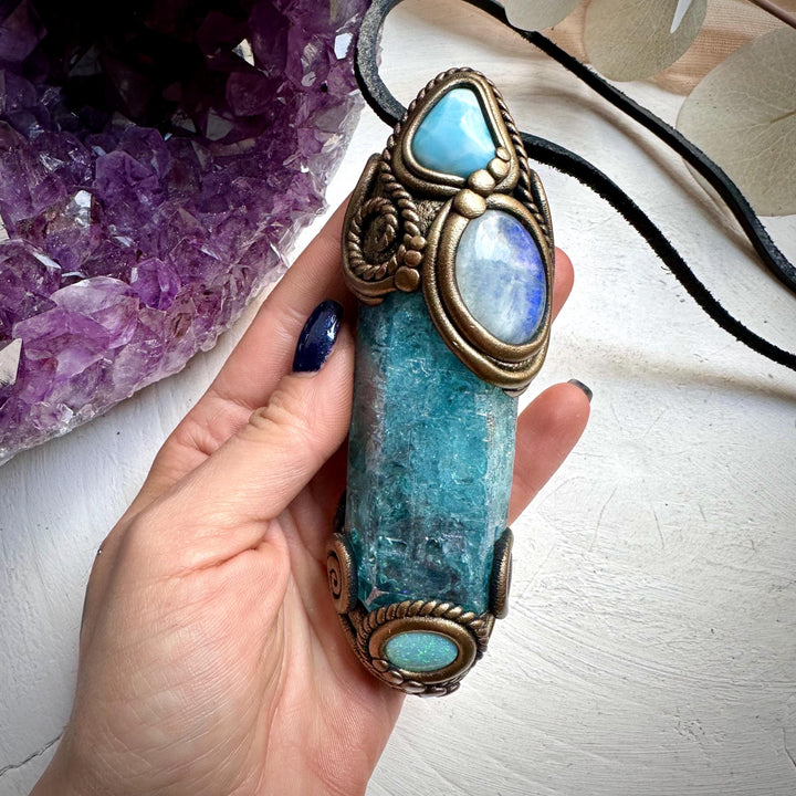 Aqua Aura Quartz Moonstone Larimar and Australian Opal Doublet Wand / Necklace - FairyGardenGlow