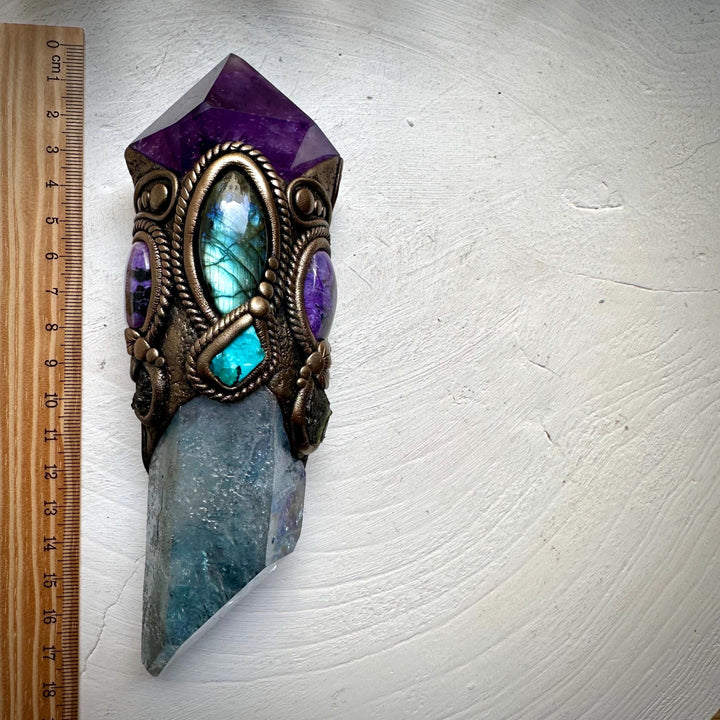Large Aqua Aura Quartz with Polished Amethyst, Labradorite, Charoite, Chrysocolla and Moldavite Wand - FairyGardenGlow