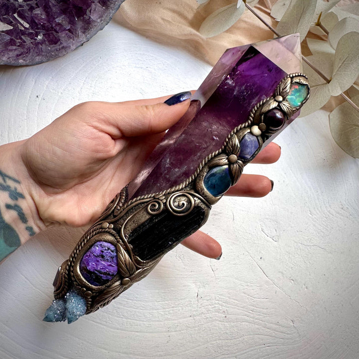 XL Amethyst Wand , Aqua Aura Spirit Quartz, Black Tourmaline, Aqua Aura Quartz, Raw Opal, Charoite, Tanzanite and Ruby Wand - FairyGardenGlow