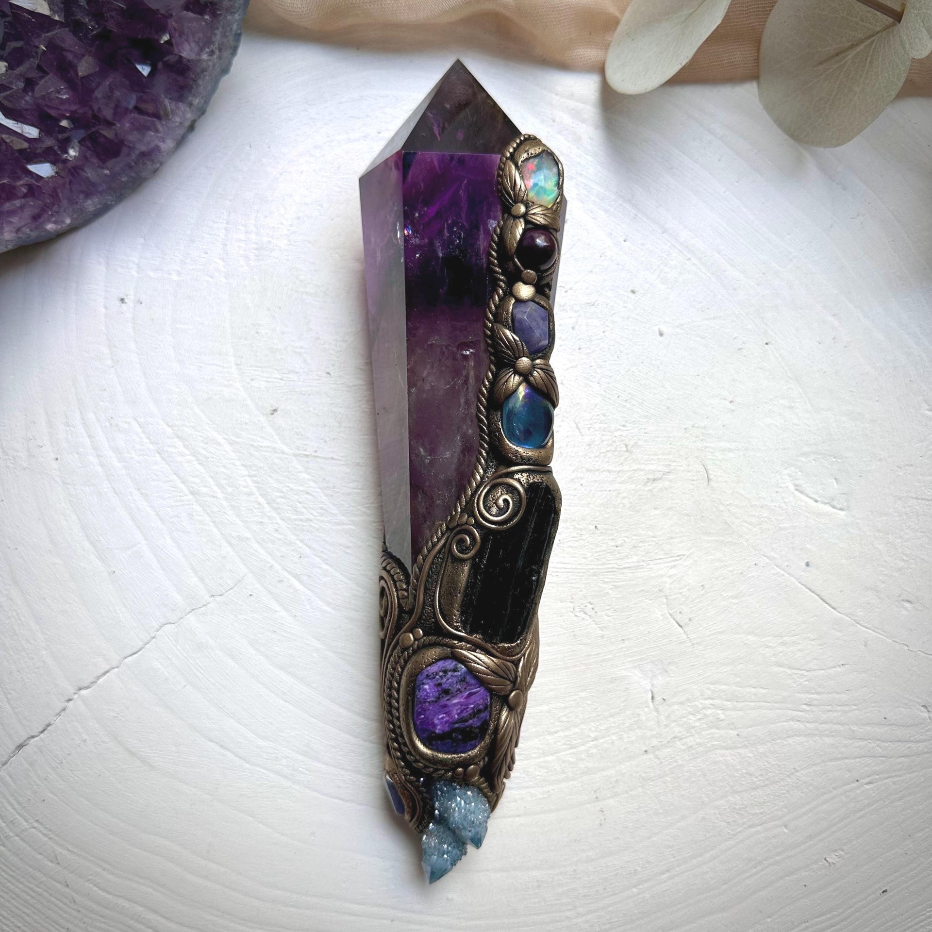 XL Amethyst Wand , Aqua Aura Spirit Quartz, Black Tourmaline, Aqua Aura Quartz, Raw Opal, Charoite, Tanzanite and Ruby Wand - FairyGardenGlow