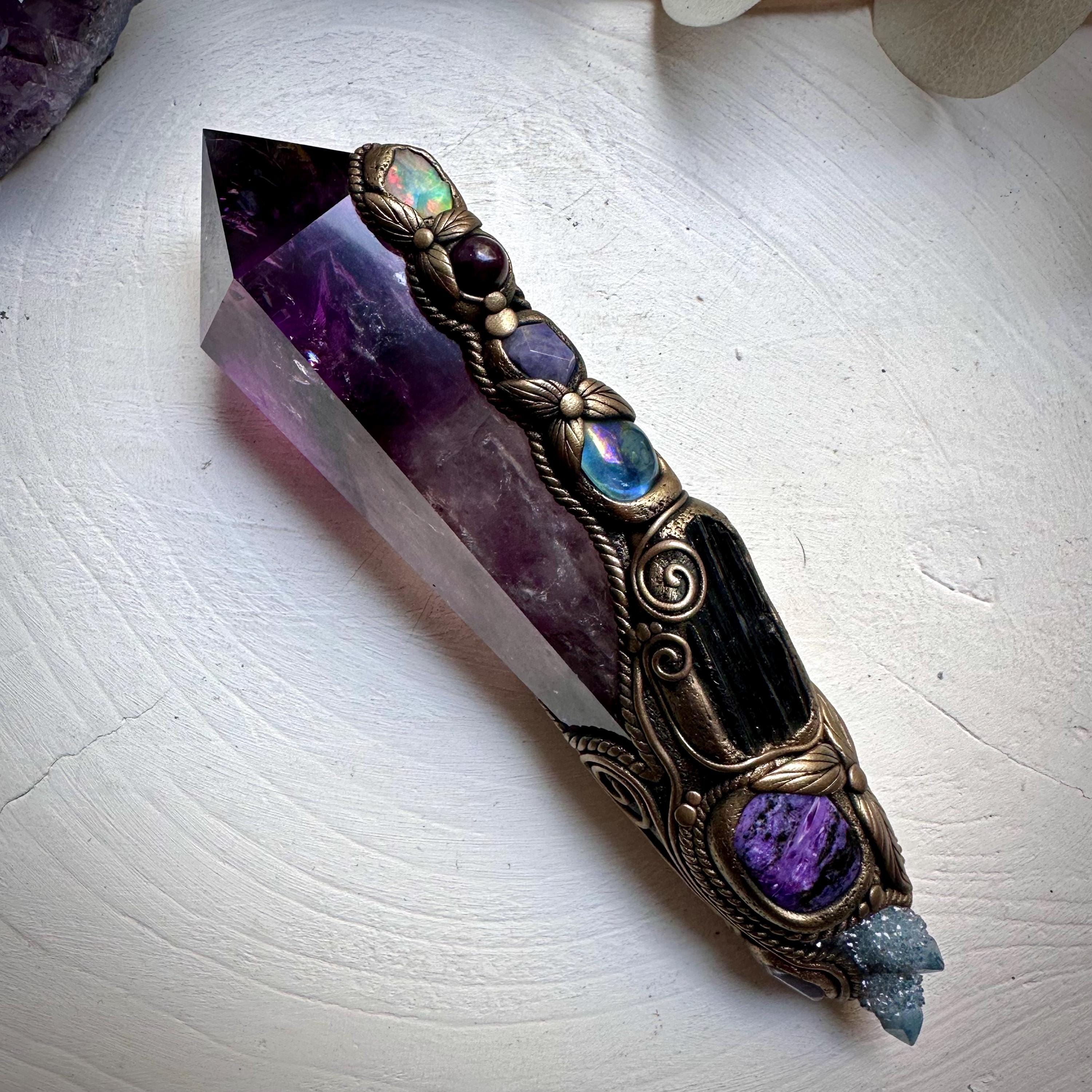 XL Amethyst Wand , Aqua Aura Spirit Quartz, Black Tourmaline, Aqua Aura Quartz, Raw Opal, Charoite, Tanzanite and Ruby Wand - FairyGardenGlow