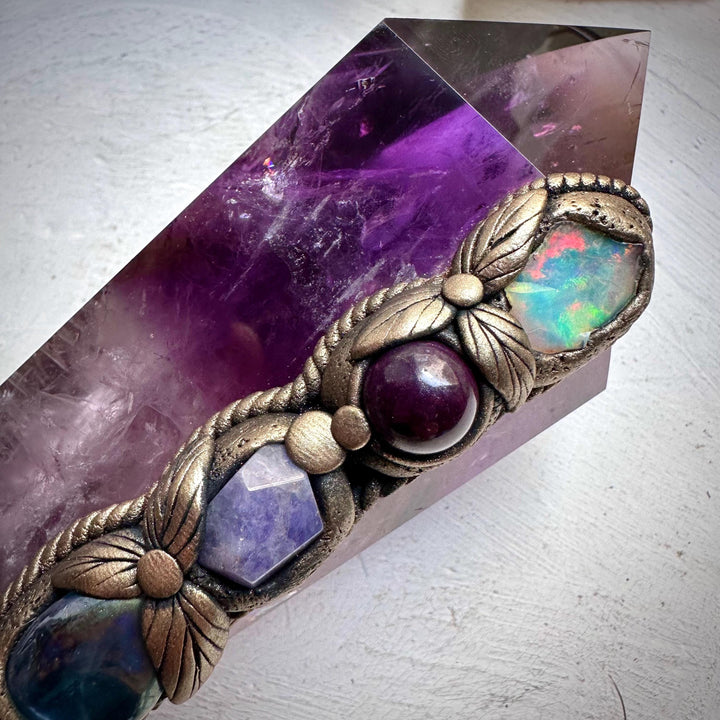 XL Amethyst Wand , Aqua Aura Spirit Quartz, Black Tourmaline, Aqua Aura Quartz, Raw Opal, Charoite, Tanzanite and Ruby Wand - FairyGardenGlow