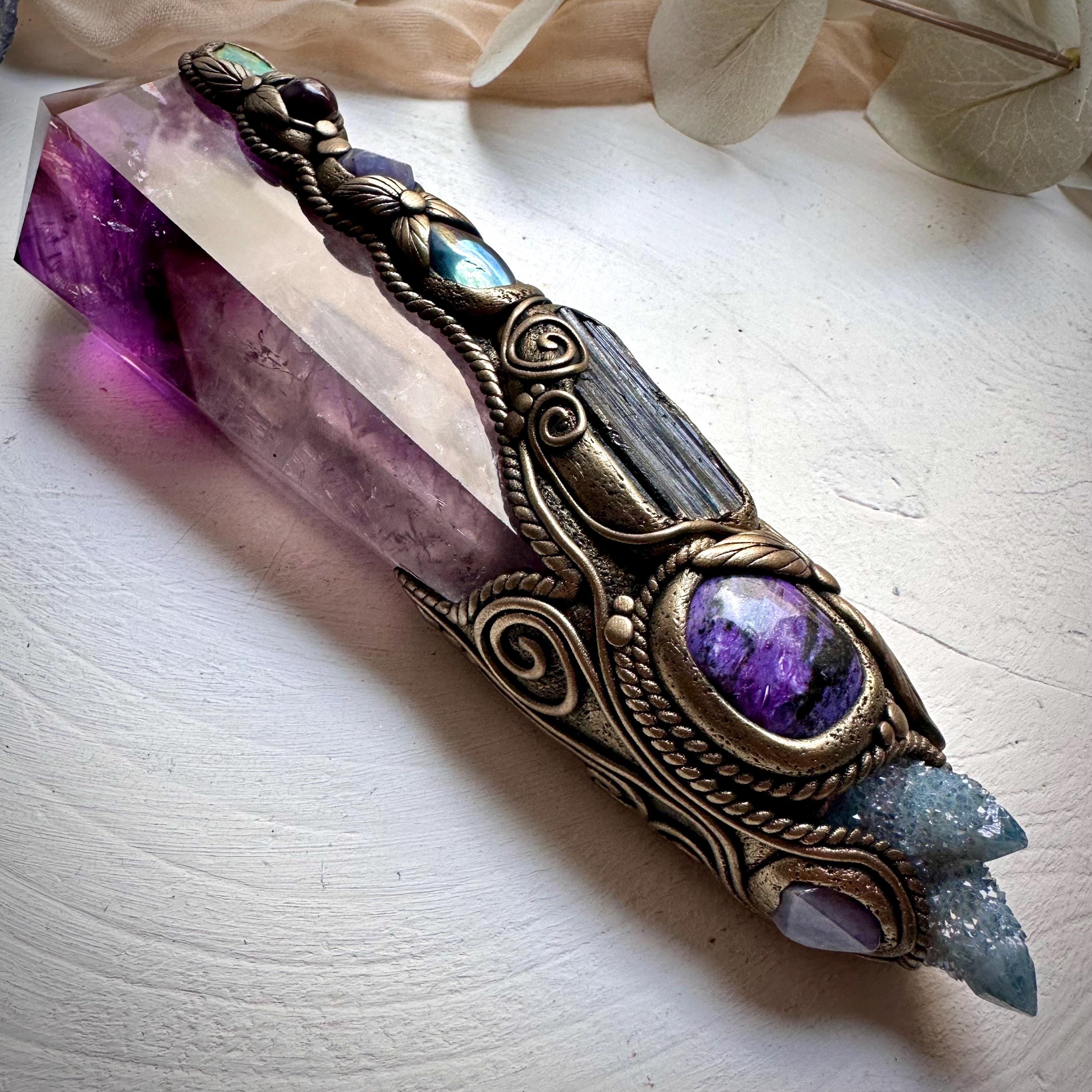 XL Amethyst Wand , Aqua Aura Spirit Quartz, Black Tourmaline, Aqua Aura Quartz, Raw Opal, Charoite, Tanzanite and Ruby Wand - FairyGardenGlow