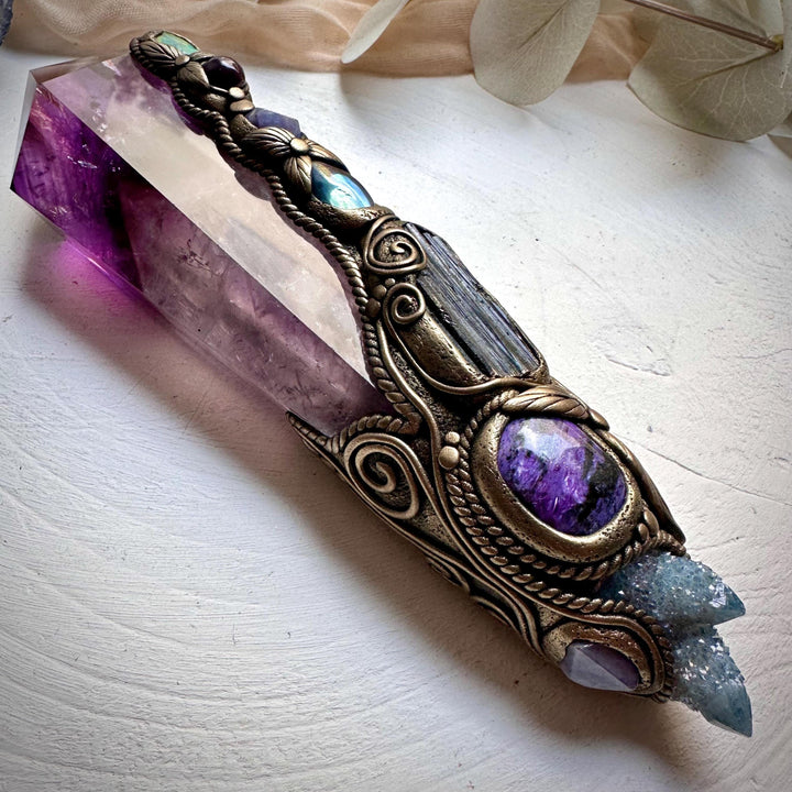 XL Amethyst Wand , Aqua Aura Spirit Quartz, Black Tourmaline, Aqua Aura Quartz, Raw Opal, Charoite, Tanzanite and Ruby Wand - FairyGardenGlow