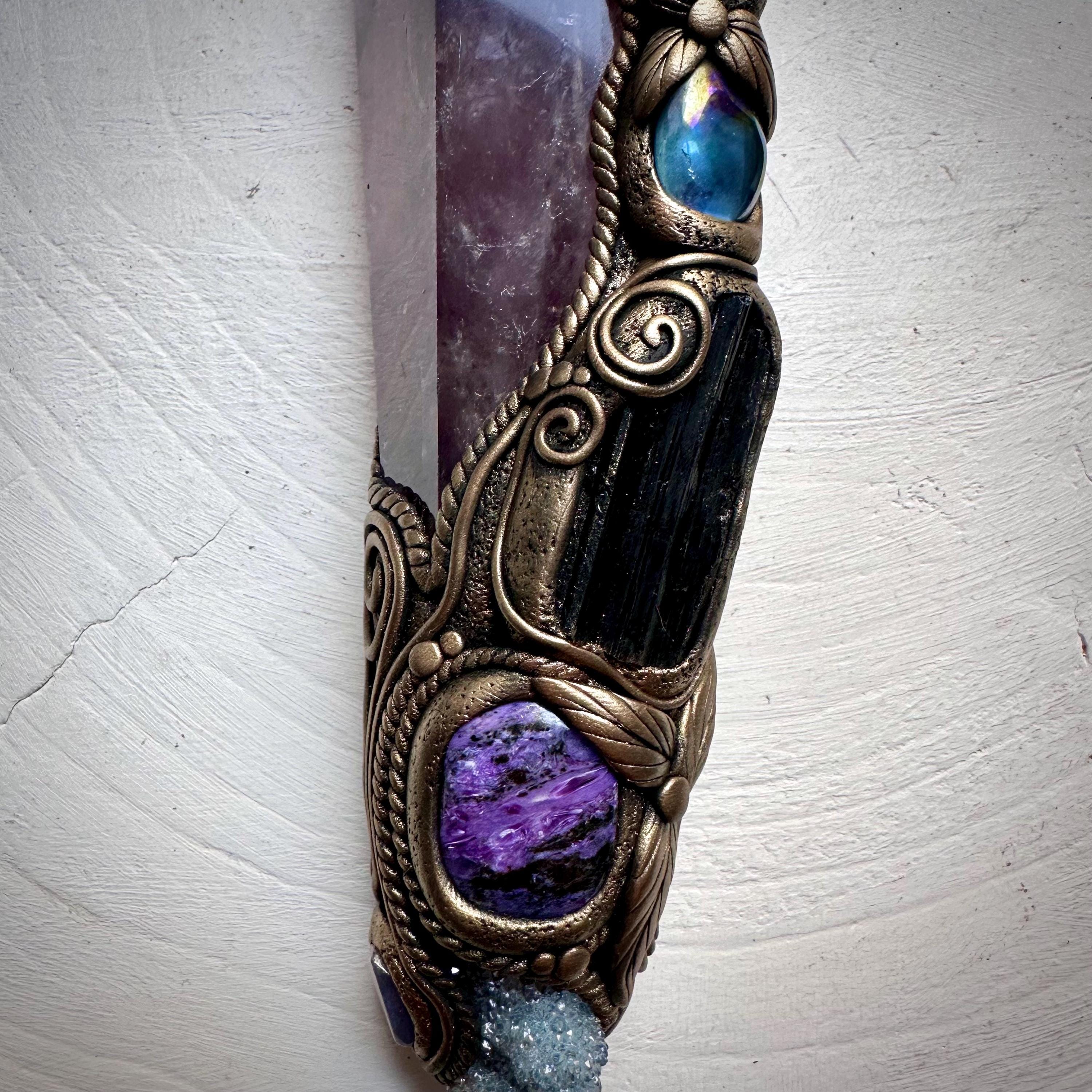 XL Amethyst Wand , Aqua Aura Spirit Quartz, Black Tourmaline, Aqua Aura Quartz, Raw Opal, Charoite, Tanzanite and Ruby Wand - FairyGardenGlow