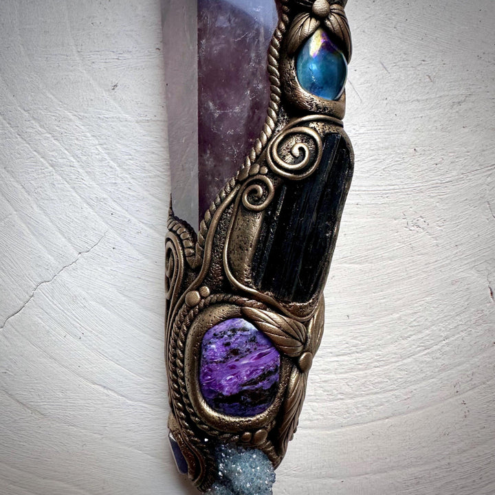 XL Amethyst Wand , Aqua Aura Spirit Quartz, Black Tourmaline, Aqua Aura Quartz, Raw Opal, Charoite, Tanzanite and Ruby Wand - FairyGardenGlow