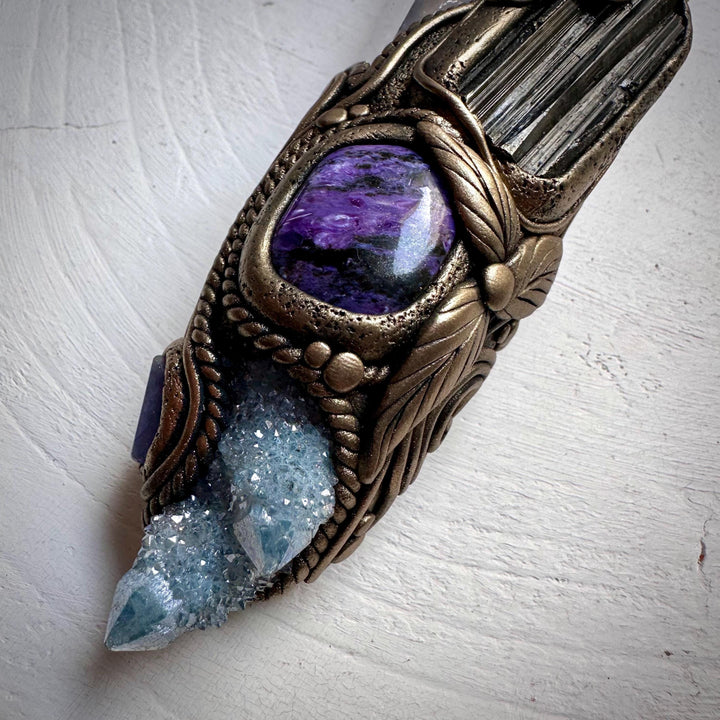 XL Amethyst Wand , Aqua Aura Spirit Quartz, Black Tourmaline, Aqua Aura Quartz, Raw Opal, Charoite, Tanzanite and Ruby Wand - FairyGardenGlow