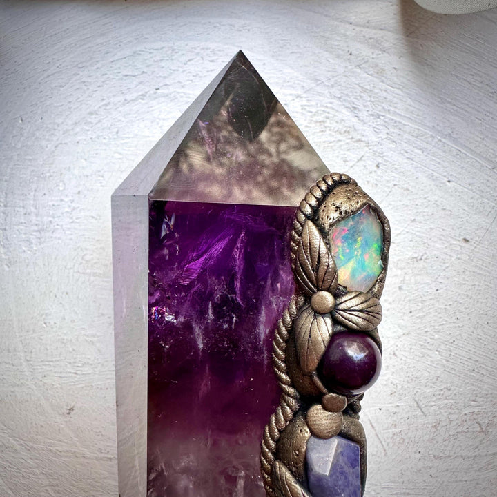 XL Amethyst Wand , Aqua Aura Spirit Quartz, Black Tourmaline, Aqua Aura Quartz, Raw Opal, Charoite, Tanzanite and Ruby Wand - FairyGardenGlow