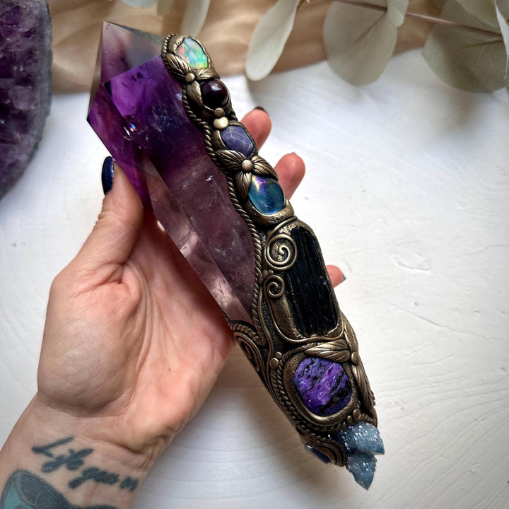 XL Amethyst Wand , Aqua Aura Spirit Quartz, Black Tourmaline, Aqua Aura Quartz, Raw Opal, Charoite, Tanzanite and Ruby Wand - FairyGardenGlow