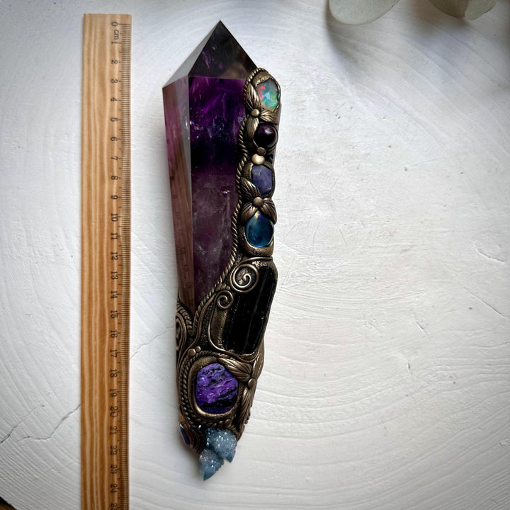 XL Amethyst Wand , Aqua Aura Spirit Quartz, Black Tourmaline, Aqua Aura Quartz, Raw Opal, Charoite, Tanzanite and Ruby Wand - FairyGardenGlow