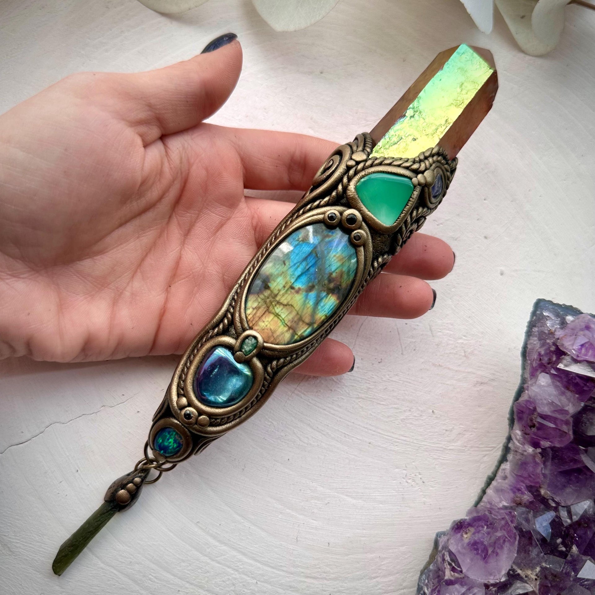 Sunset Aura Quartz Wand , Labradorite Chrysoprase Tanzanite Emerald Black Australian Opal Triplet Aqua Aura Quartz and Moldavite Wand - FairyGardenGlow