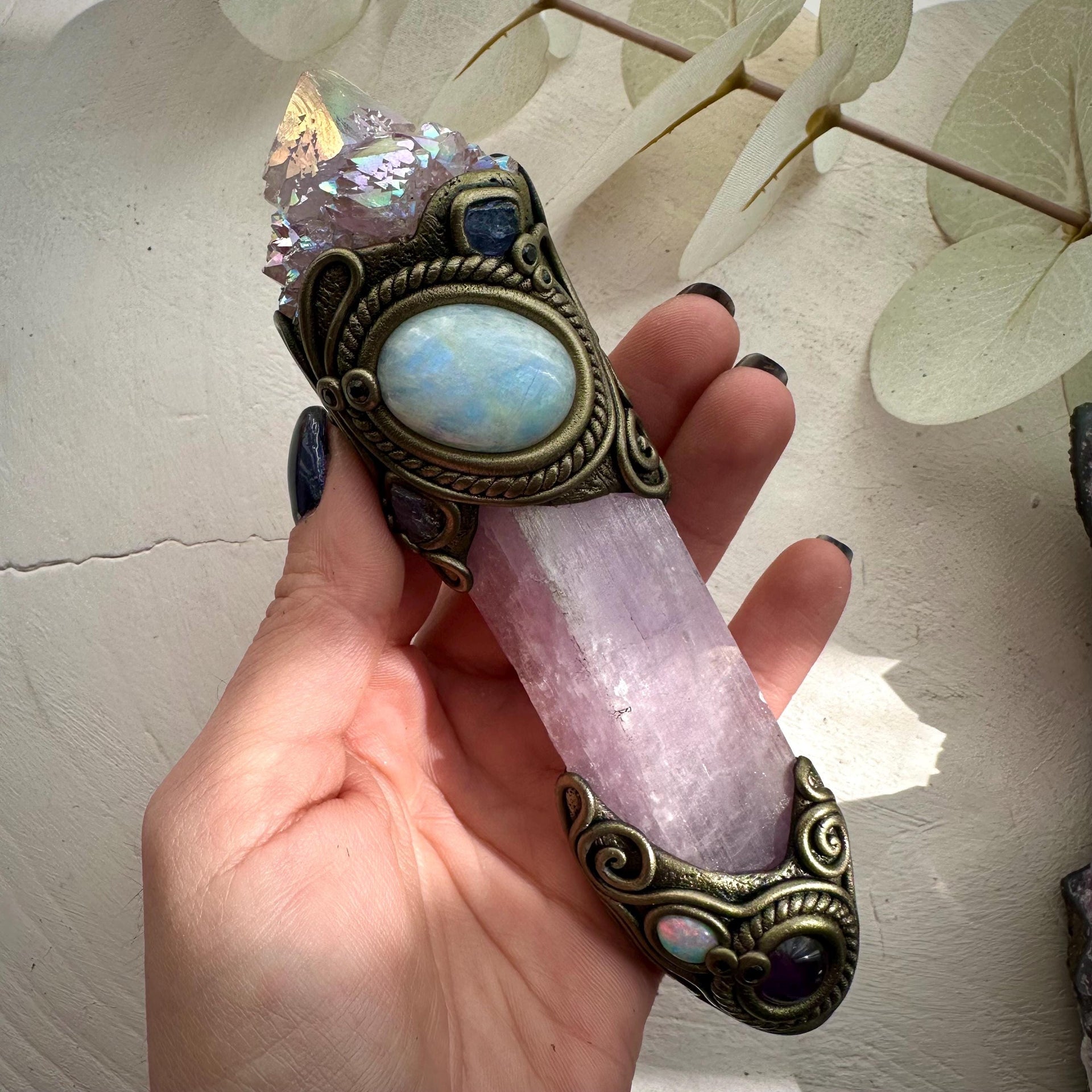 Kunzite Crystal Wand, Angel Aura Spirit Quartz Moonstone Tanzanite Amethyst Australian Opal and Blue Sapphire Wand - FairyGardenGlow