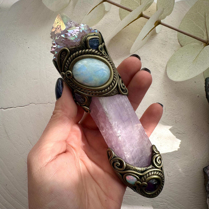 Kunzite Crystal Wand, Angel Aura Spirit Quartz Moonstone Tanzanite Amethyst Australian Opal and Blue Sapphire Wand - FairyGardenGlow
