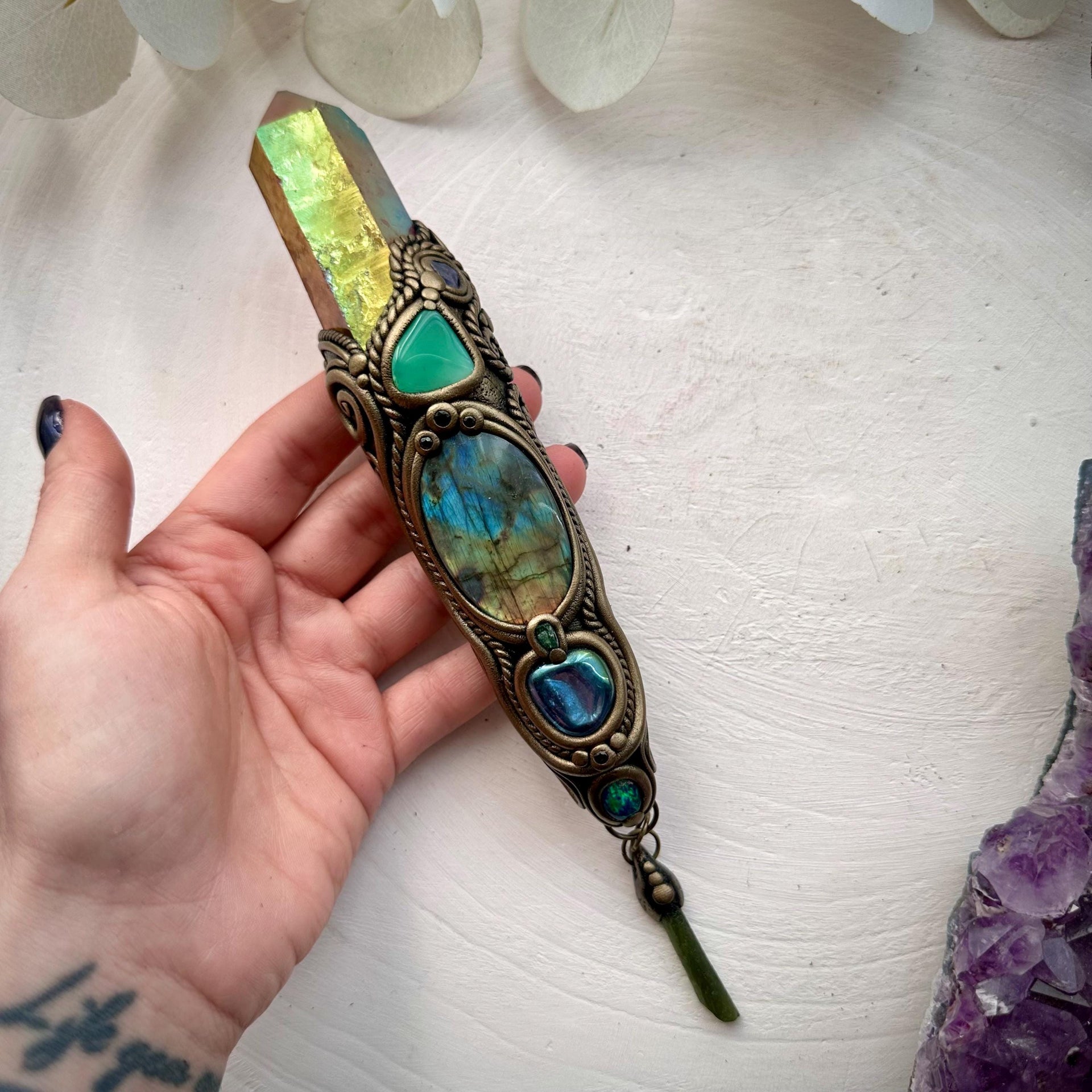 Sunset Aura Quartz Wand , Labradorite Chrysoprase Tanzanite Emerald Black Australian Opal Triplet Aqua Aura Quartz and Moldavite Wand - FairyGardenGlow