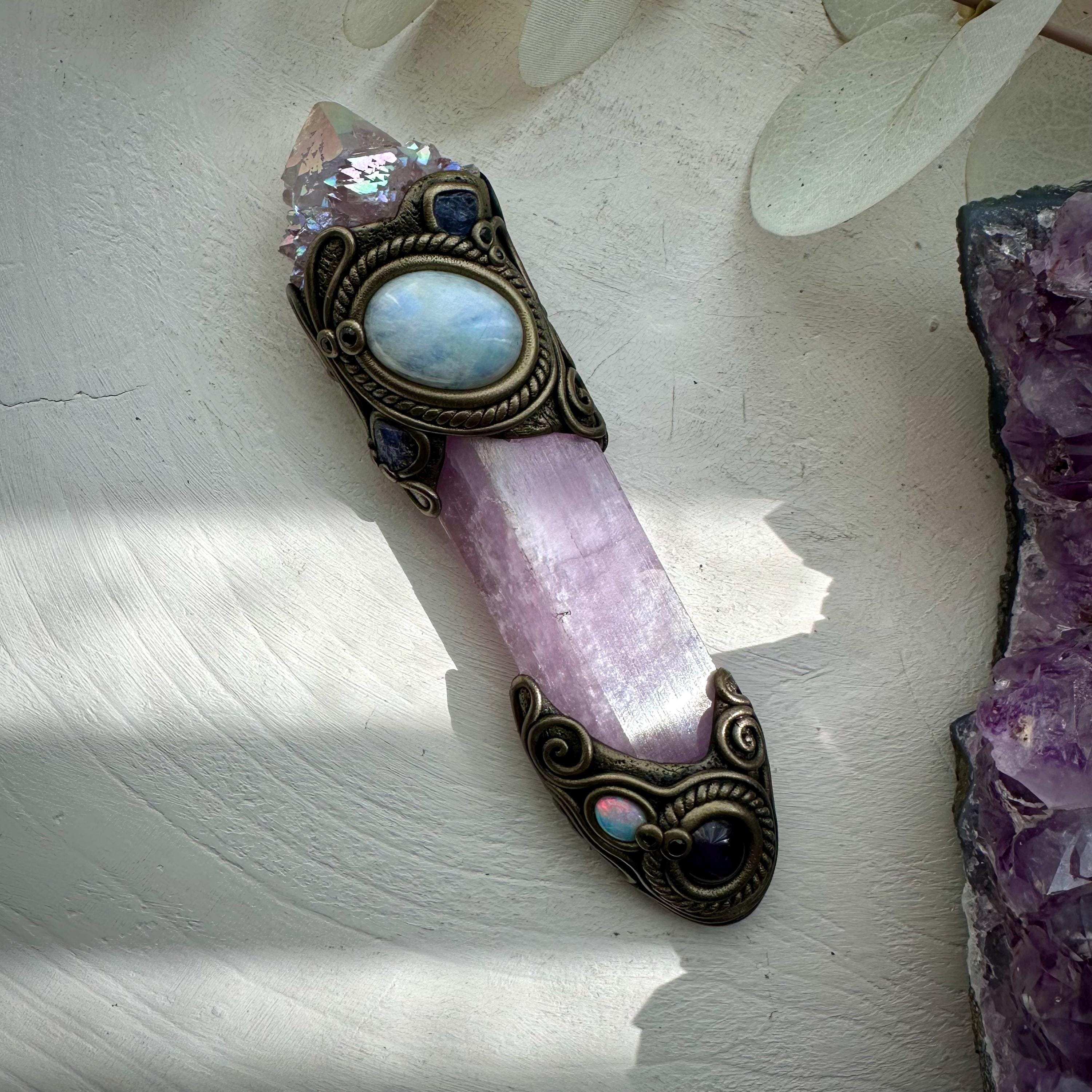 Kunzite Crystal Wand, Angel Aura Spirit Quartz Moonstone Tanzanite Amethyst Australian Opal and Blue Sapphire Wand - FairyGardenGlow