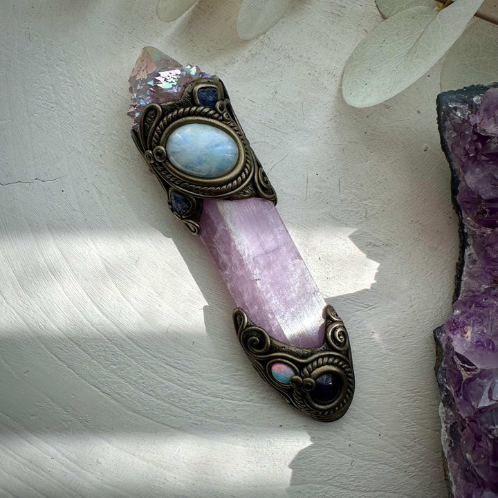 Kunzite Crystal Wand, Angel Aura Spirit Quartz Moonstone Tanzanite Amethyst Australian Opal and Blue Sapphire Wand - FairyGardenGlow