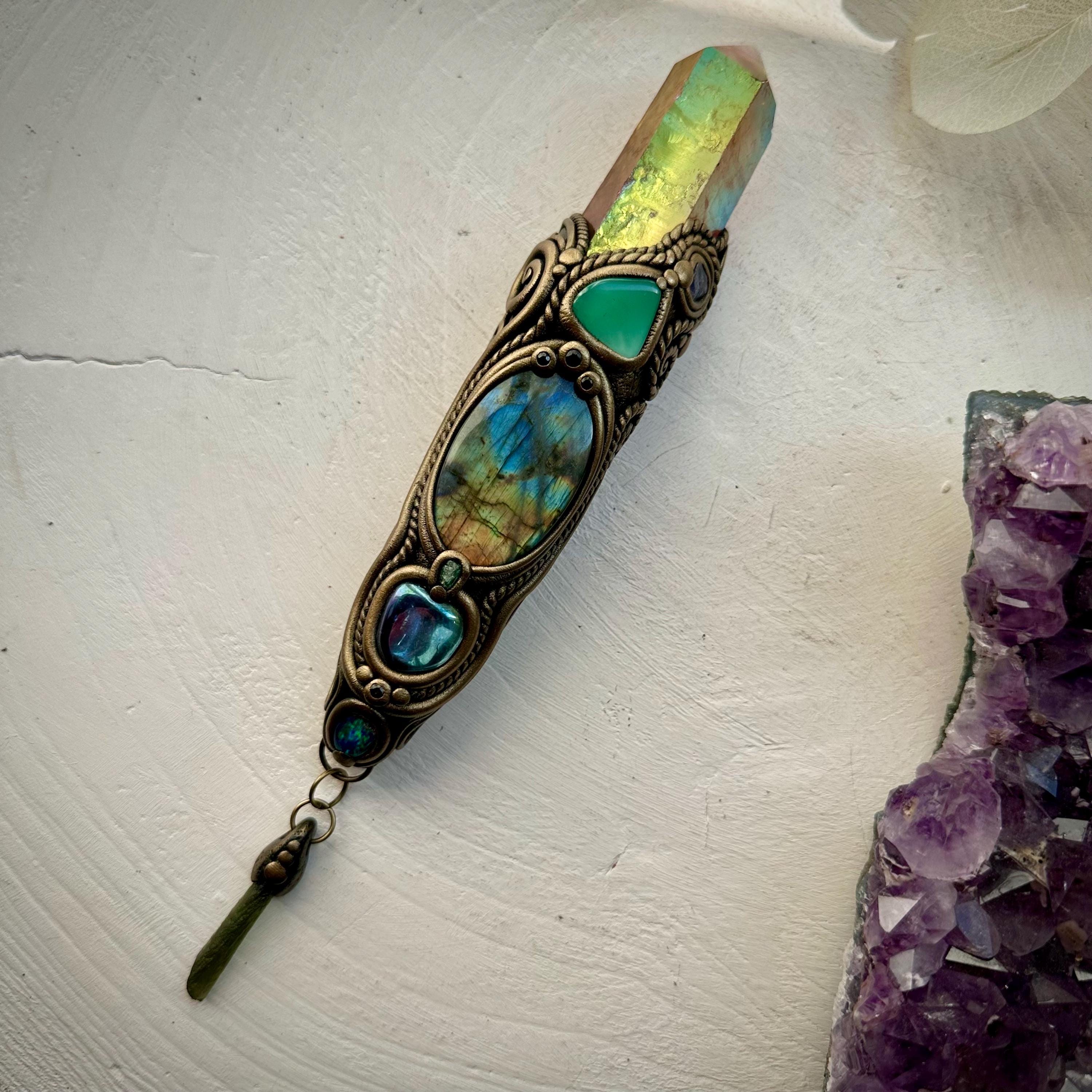 Sunset Aura Quartz Wand , Labradorite Chrysoprase Tanzanite Emerald Black Australian Opal Triplet Aqua Aura Quartz and Moldavite Wand - FairyGardenGlow
