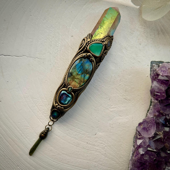 Sunset Aura Quartz Wand , Labradorite Chrysoprase Tanzanite Emerald Black Australian Opal Triplet Aqua Aura Quartz and Moldavite Wand - FairyGardenGlow
