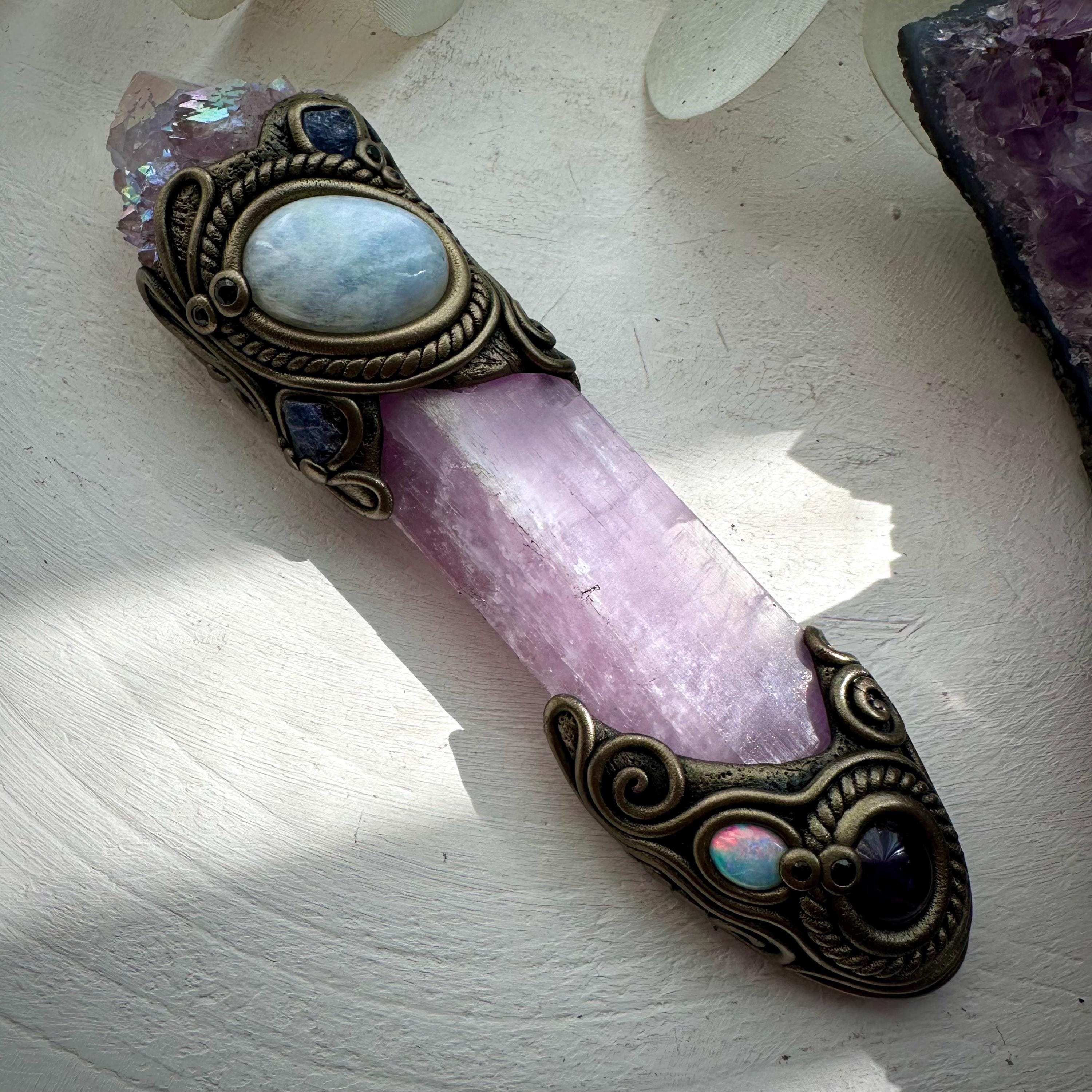 Kunzite Crystal Wand, Angel Aura Spirit Quartz Moonstone Tanzanite Amethyst Australian Opal and Blue Sapphire Wand - FairyGardenGlow