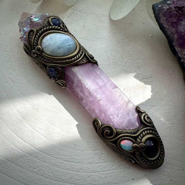Kunzite Crystal Wand, Angel Aura Spirit Quartz Moonstone Tanzanite Amethyst Australian Opal and Blue Sapphire Wand - FairyGardenGlow
