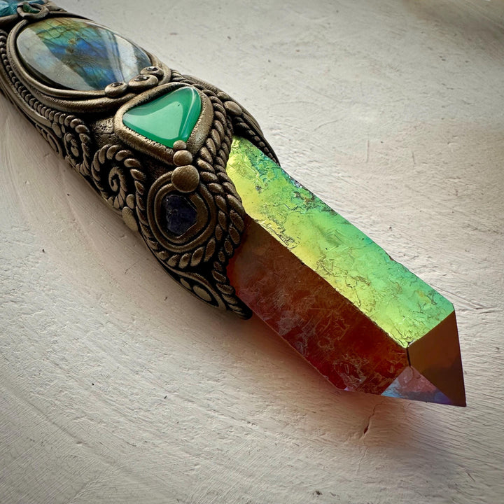 Sunset Aura Quartz Wand , Labradorite Chrysoprase Tanzanite Emerald Black Australian Opal Triplet Aqua Aura Quartz and Moldavite Wand - FairyGardenGlow